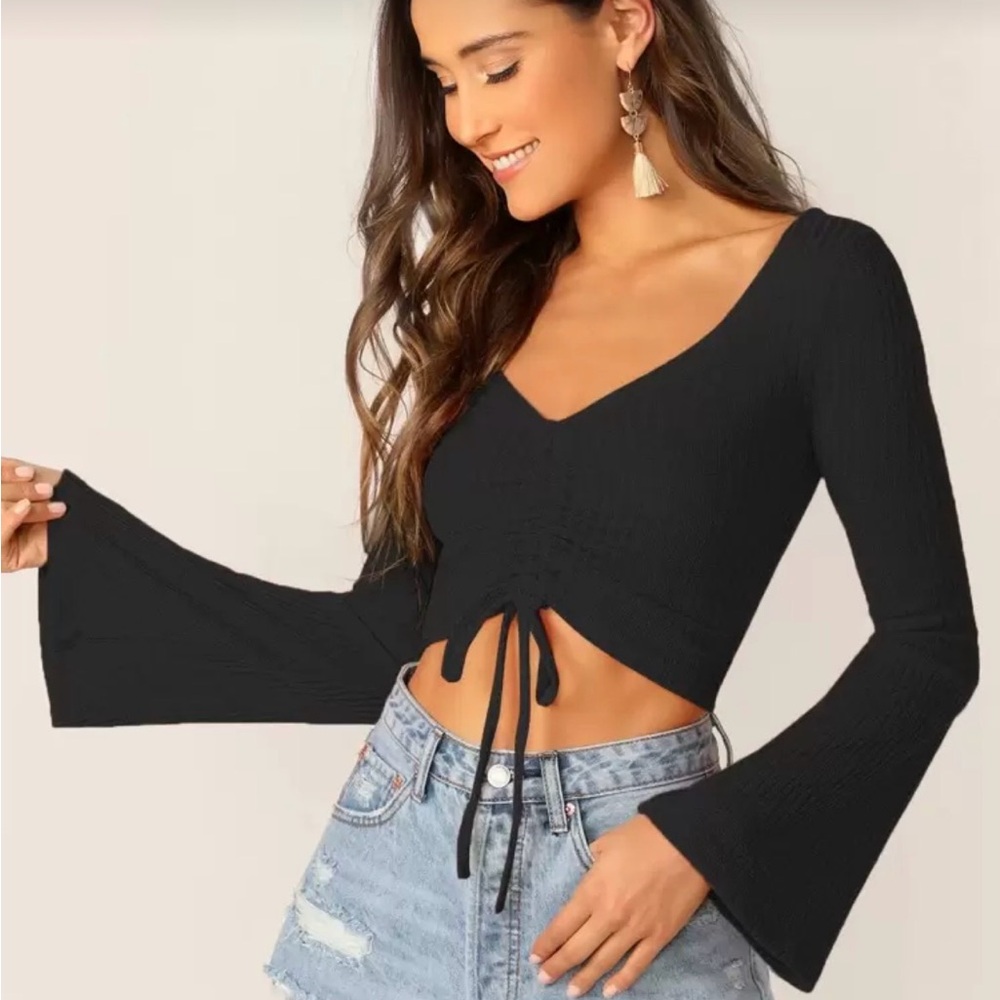 SHEIN Black V-Neck Drawstring Bell Sleeve Crop Top